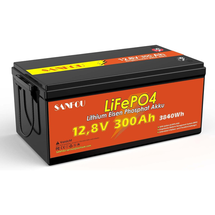 Акумулятор SANFOU 12V 100Ah LiFePO4, літієва батарея 1280 Втгод з BMS 100 А, автомобільні акумулятори 5000-15000 разів, підтримка 4S4P, ідеально підходить як джерело живлення для кемпінгу на автофургонах (12V300Ah)