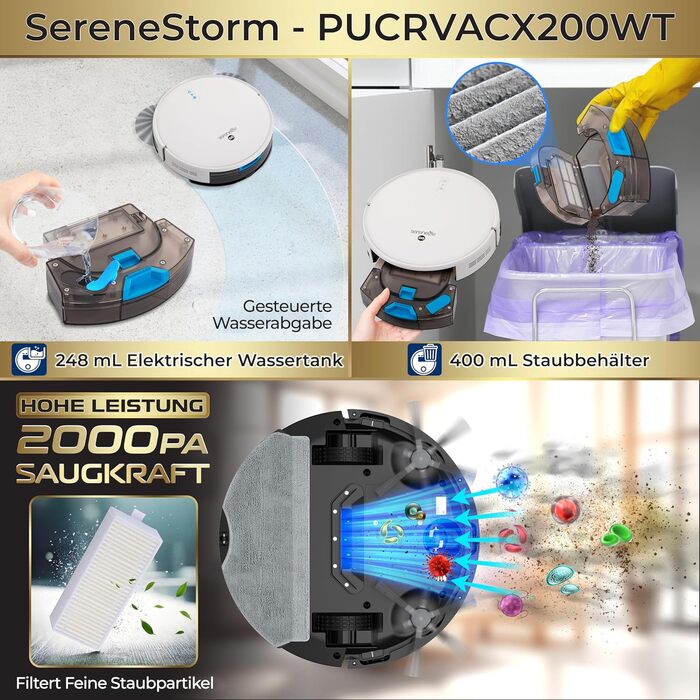 Робот-пилосос SereneLife з функцією миття підлоги, 3-в-1, з керуванням через додаток, для видалення шерсті тварин та прибирання килимів (1000Pa)