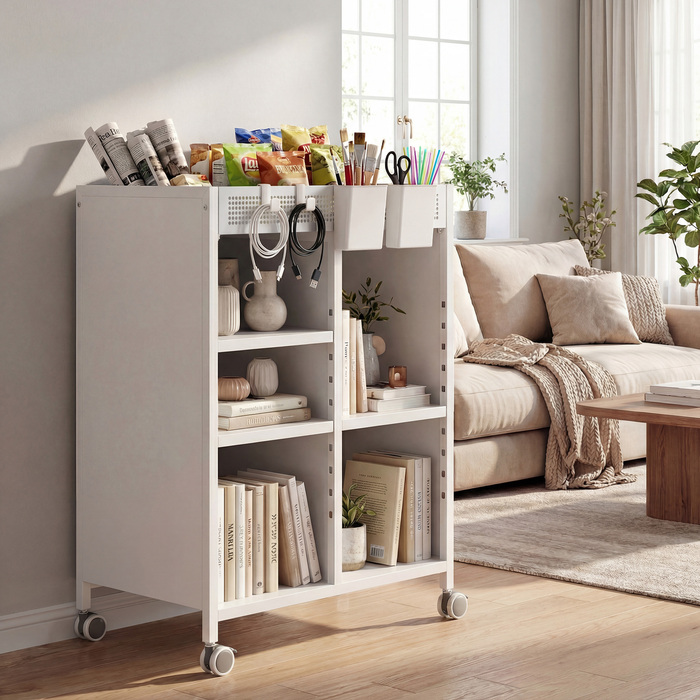 Мобильна полиця для книг на коліщатках, 4 яруси, регульовані полиці та підвісні кошики для домашнього офісу та вітальні, білий