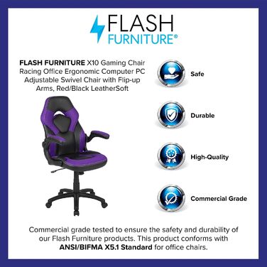 Ігрове крісло Flash Furniture X10, гоночний дизайн, ергономічне, регульоване, складні підлокітники, фіолетовий/чорний