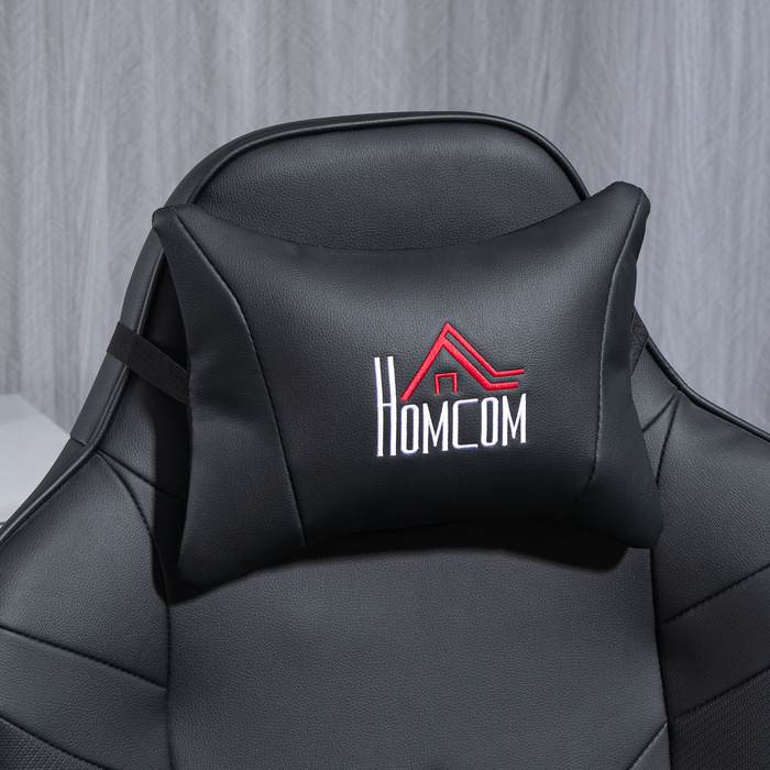 Ігрове крісло HOMCOM з масажем, регульованою спинкою, підніжкою, підходить для ваги до 120 кг, сталевий каркас, штучна шкіра, чорного кольору.