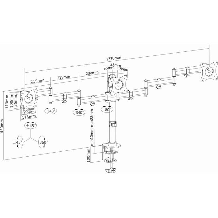 Кріплення для монітора PureMounts для 3 моніторів, 17-32 дюйми, до 8 кг, VESA 75/100, 360° обертання, регулювання висоти та нахилу, чорний