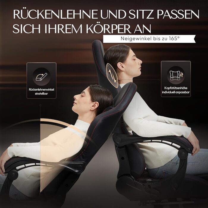 Ігровий крісло Dowinx з регульованою підніжкою, масажним поперековим валиком та офісним комфортом, до 200 кг, кут нахилу спинки 165°, чорний