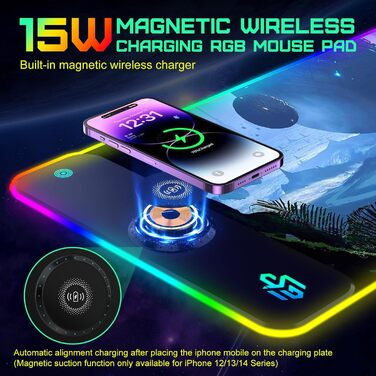 RGB ігровий килимок для миші з бездротовою зарядкою Qi 15W, LED-підсвічуванням, 10 режимів, водонепроникний, протиковзкий для геймінгу, офісу та дому (зоряне небо)
