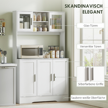 Кухонна шафа у скандинавському стилі з 4 дверцятами, регульованими полицями, скляними фасадами та відкритою полицею. Виготовлена з ДСП та МДФ, колір – білий.