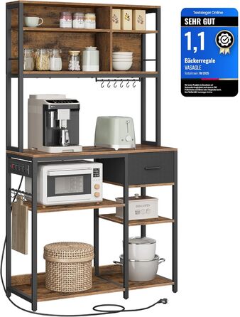 Стелаж кухонний VASAGLE з розетками, 40 x 100 x 180,4 см, з полицями, ящиком, 12 гачками, антрацит-чорний, KKS027B02