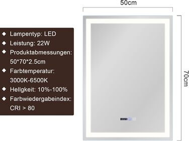 Дзеркало для ванної кімнати Mursche з підсвічуванням LED, 50x70 см, IP44, сенсорний вимикач, годинник, протитуманна функція, регулювання яскравості, 3000K-6500K, прямокутна форма