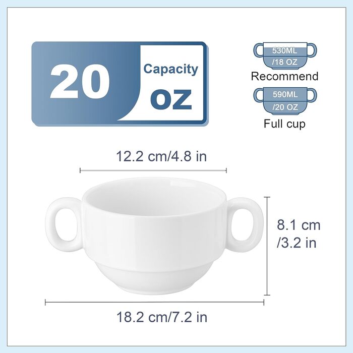 Миски для супу LOVECASA з 4 частин з ручкою, 590 мл порцеляновий набір супів, супова миска для французького цибулевого супу, мюслі, рагу, можна використовувати в мікрохвильовій печі та духовці, чашка для чистого білого супу з 4 частин (чисто біла)-590 мл