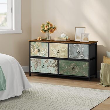 Комод WOLTU з 5 висувними ящиками з тканини, шафа-комод, тумбочка під ТБ, для вітальні, спальні, коридору, з металевим каркасом, ДСП, білий, SSK005ws. Білий (Рустикальний коричневий + чорний + вінтажний квітковий принт, 5 тканинних ящиків)