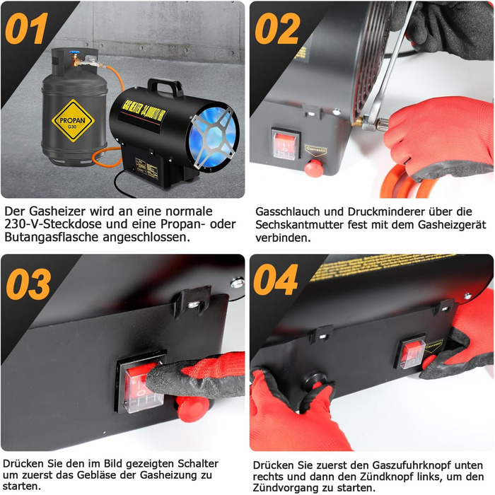 Газовий нагрівач з вентилятором, 15 кВт, з газовим шлангом 1,2 м та редуктором тиску 700 мбар, нержавіюча сталь, Piezo-запалювання, з ручкою