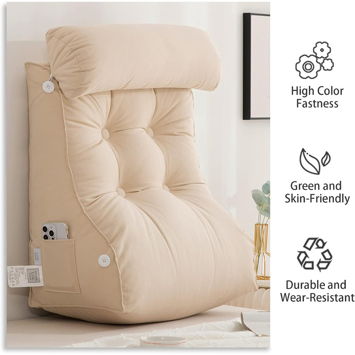 Подушка для читання COYEUX, велика подушка для ліжка з кишенею, спинка для телевізора, клиновидна подушка з підтримкою шиї, для сидіння в ліжку, на дивані або на підлозі (з підголовником) сіро-блакитна, ширина 55 см (з підголовником)