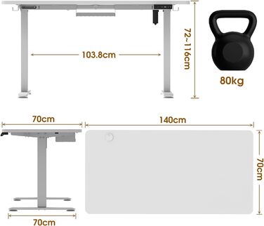Електричний регульований стіл Devoko 140x70 см з пам'яттю, USB та системою захисту від зіткнень. Білий