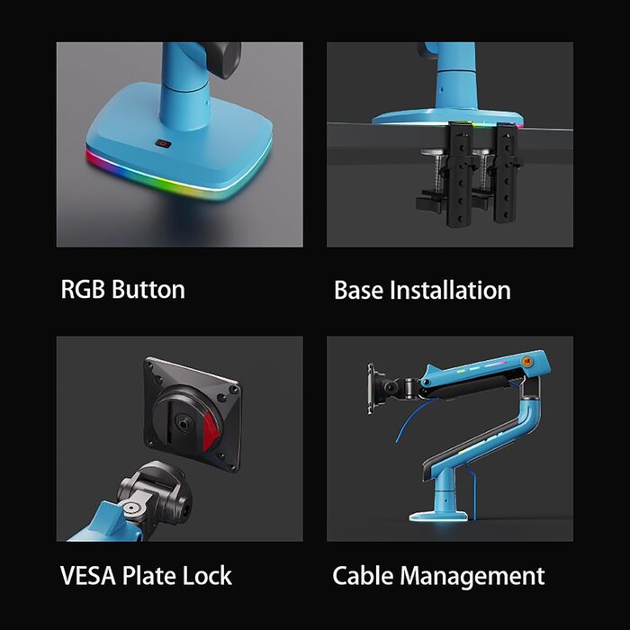 Кріплення для монітора NB Ergonomic для широких моніторів до 60 дюймів, RGB, навантаження до 20 кг, VESA 75/100 (Gulf Blue)