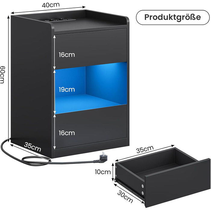 Нічний столик AOGLLATI з LED-підсвічуванням та зарядкою, з шухлядами та полицею, білий (40x35x60 см)