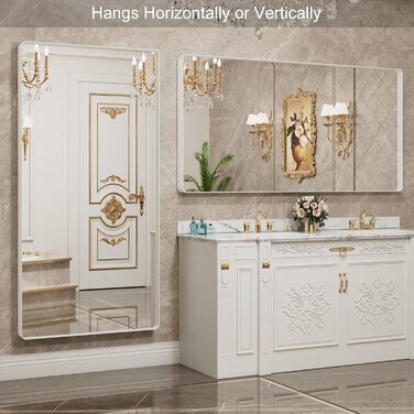 LOAAO Дзеркало для ванної кімнати 61 x 91.4 см з округлим прямокутним кольоровим каркасом, дзеркало для макіяжу, монтаж на стіну, загартоване скло, нержавіюча сталь, горизонтальне/вертикальне встановлення