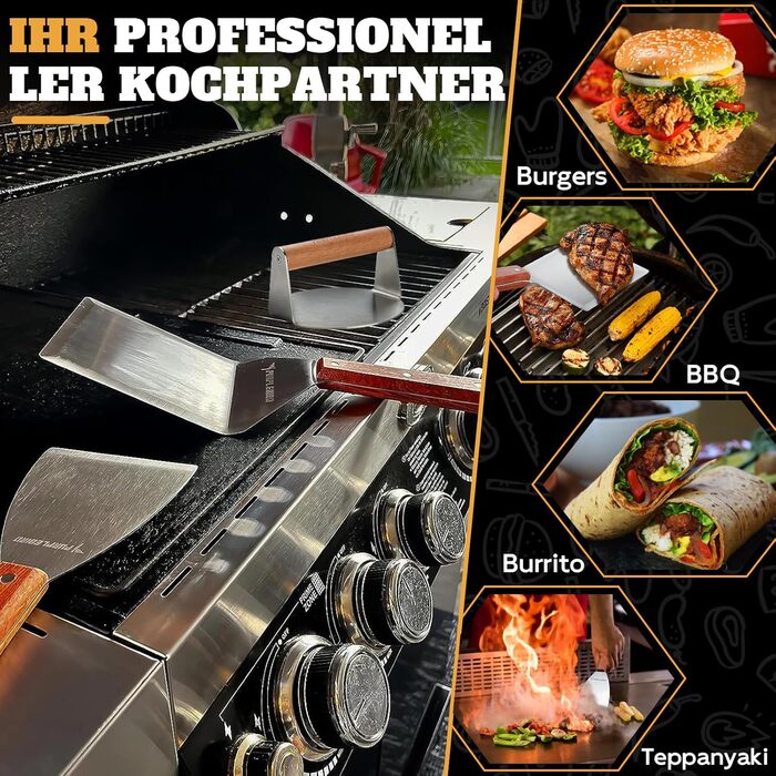 Набір гриль-посуду PURPLEBIRD 5 предметів: професійний інструмент з нержавіючої сталі, сумка-фартух, дерев'яні ручки, ідеальний для BBQ, Teppanyaki, подарунок для чоловіків (набір для бургерів)