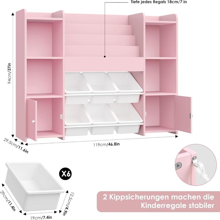 FOREHILL Дитяча полиця-стеллаж для іграшок та книг з 6 ящиками, 119 x 29,5 x 94 см, білий (рожевий)