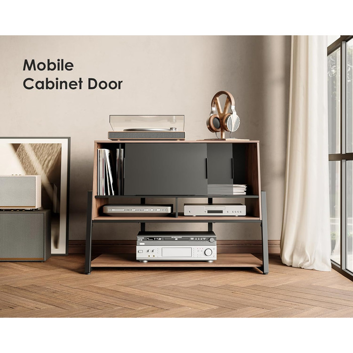 Стіл для програвача FITUEYES DESIGN з дерева, велика тумба Hi-Fi з висувною дверцятами, полиця для 120 платівок, вантажопідйомність 50 кг, серія Eiffel