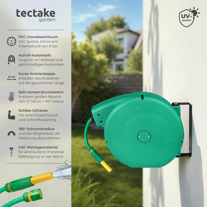 Шланговий барабан Tectake® настінний, 1/2 дюйма, 10м, з автозмотуванням, для саду та городу, водяний шланг, котушка для шланга, розпилювач