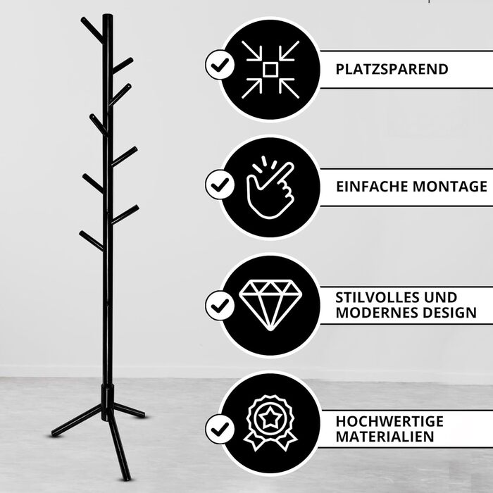 Дерев'яний вішак для одягу Bayt - стійка для одягу 175 см з 8 гачками, чорний колір