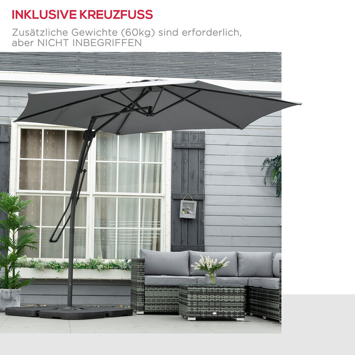 Вітростійкий парасоль для саду Ø293 см з бічною ручкою та хрестоподібною основою, захист від вітру, водовідштовхувальне покриття, темно-сірий