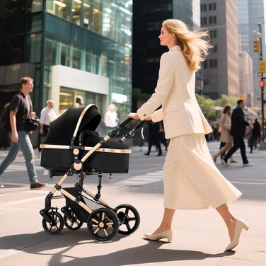 Дитяча коляска 3 в 1 з шасію-книгою та подвійною амортизацією, механізм складання одним кліком для новонароджених та малюків (Чорний & Золотий)