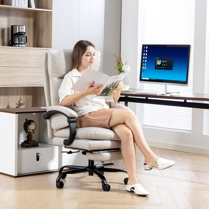 Крісло офісне HOMCOM з регулюванням висоти, з підтримкою попереку, підлокітниками та підставкою для ніг, обшите штучною шкірою, світло-сірого кольору