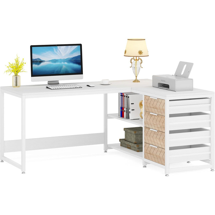 Кутовий стіл Tribesigns L-подібний з 4 висувними ящиками, 2 полицями, для офісу, кабінету, вітальні, 150x110x75 см (горіх & білий)
