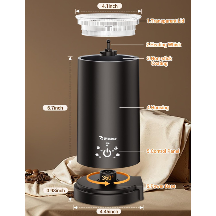 Електричний спінювач молока 5-в-1 600W з антипригарним покриттям. Підходить для приготування гарячого та холодного молочного пін, какао, лате, капучино. Чорний.