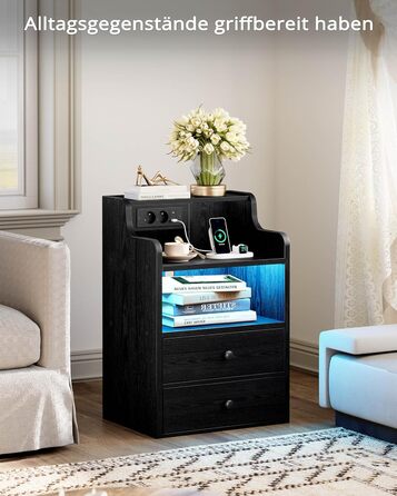 Нічний столик IRONCK з LED-підсвічуванням, розеткою та функцією зарядки, з ящиками, чорний