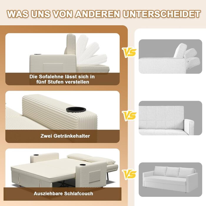 Диван-ліжко JUMMICO 2-місний бежевий з функцією розкладання, подушками та підсклянниками для вітальні/спальні 75x160x93 см