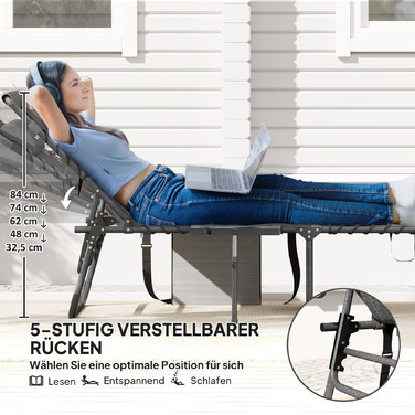 Шезлонг для відпочинку на сонце, розкладний садовий шезлонг з подушкою для голови, лежак з регульованою спинкою у 5 положеннях, до 120 кг