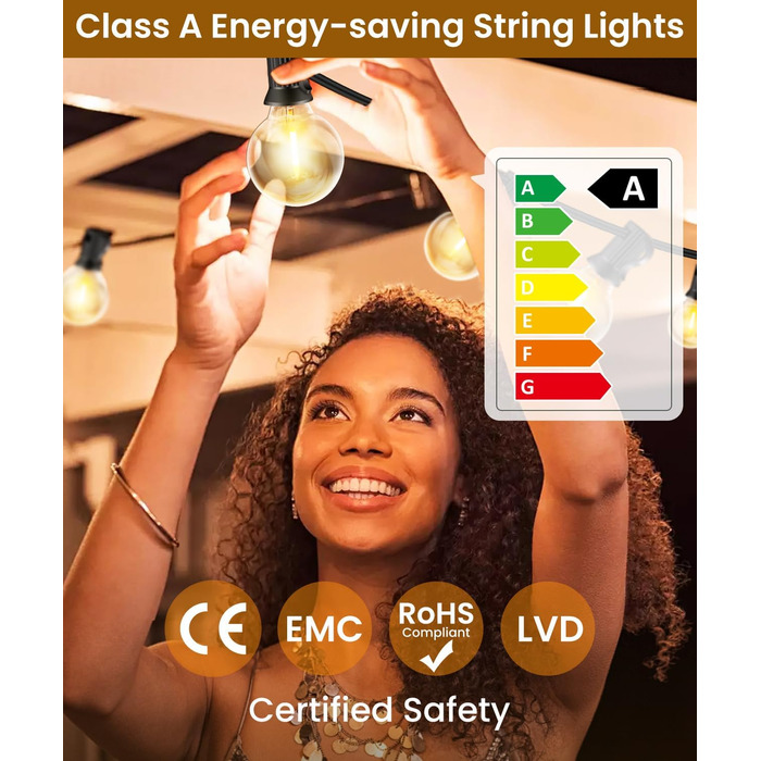 LED гірлянда для вулиці, 20 метрів, G40, 30+2 лампочки, пластик, IP44, вологостійка, для саду, вечірки, тепле світло, 20м, EU