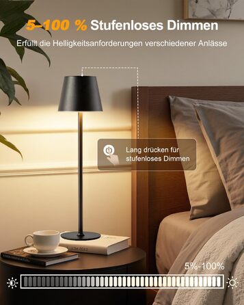 LED настільна лампа Bonsery (2 шт.) з акумулятором 5200mAh, регульована яскравість, 3 кольори світла, металева, вологостійка, 2 висоти (24/37,5 см), для дому, бару, кемпінгу, чорна