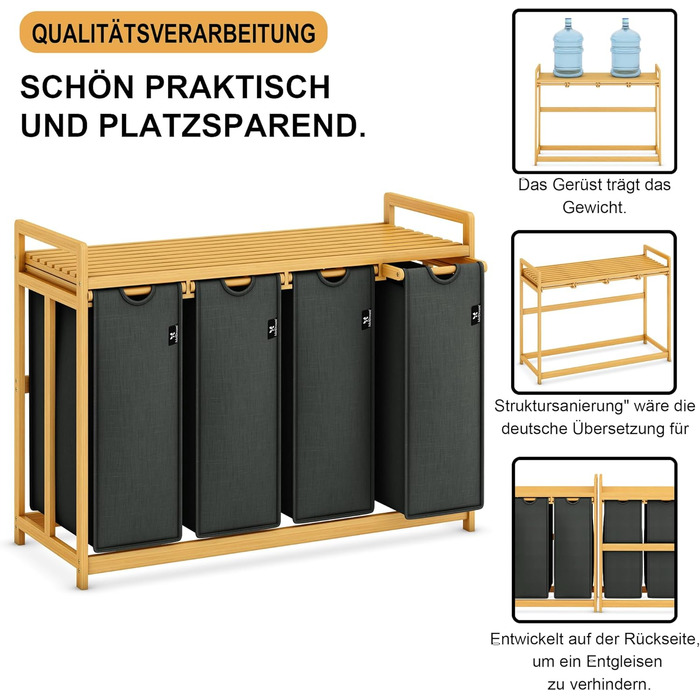 Кошик для білизни AdelDream Premium 200L з 4 відділеннями, висувний та знімний мішок для білизни з бамбуковим каркасом, сірий – кошик для білизни та органайзер для ванної кімнати та спальні