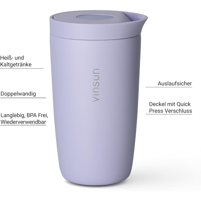 Термокружка VINSUN 350 мл, з нержавіючої сталі, подвійні стінки, ізольована, без витоку, для гарячих та холодних напоїв, з Quick Press кришкою, для авто, університету (фіолетовий)
