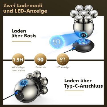 Електрична бритва для лисини 6-в-1, 7 бритв-головок, тример для бороди, IPX6, волога/суха, акумуляторна батарея type-C