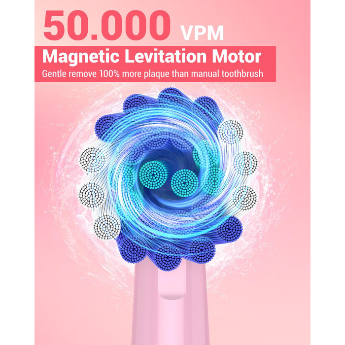 Електрична зубна щітка ротаційного типу для дорослих та дітей з 8 насадок, зарядний пристрій з підставкою на стіну, 5 режимів чищення та дорожній футляр, 60 днів роботи від акумулятора (рожевий)