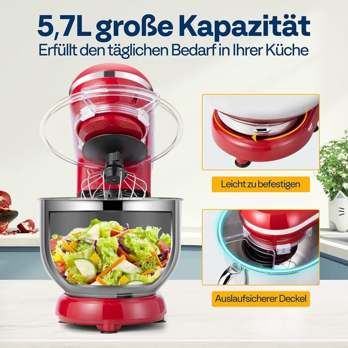 Кухонна машина VIVOHOME 5.7L: потужний міксер з 10 швидкостями, функцією імпульсу та набором насадок (червоний)