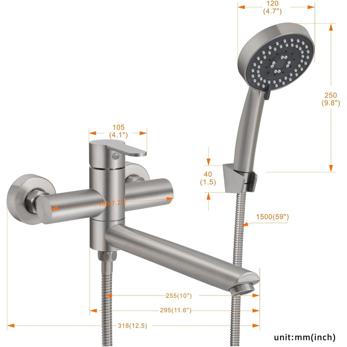 Набір змішувач для ванни PHASAT з витяжною лійкою, чорний, настінний монтаж, PTBB13E (довга лійка, нікель B)