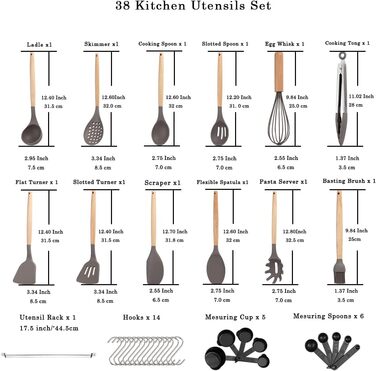 Набір силіконової кухонного посуду Berglander з 38 предметів, набір посуду з антипригарним покриттям, кухонне начиння з дерев'яною ручкою інструменти з багатоцільовими гачками і тримачами для посуду (червоний) (2-й сірий)