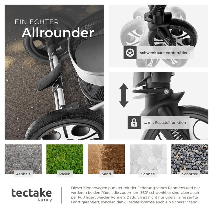 Дитяча коляска Tectake 2 в 1, розкладний візок-бугі з функцією ліжечка, з підставкою для ніг, візок з тримачем для напоїв, знімною колискою та дощовиком (Сірий)