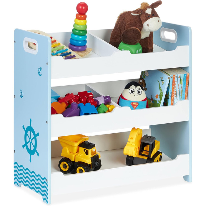 Дитяча полиця Relaxdays, HBD 60 x 62,5 x 30 см, 5 відділень, МДФ, полиця для зберігання Дитяча кімната, полиця для іграшок, біла/блакитна, L, велика