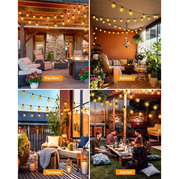 LED гірлянда для декорування саду та тераси, 15 метрів, тепле світло, G40, з таймером та димером, вологостійка