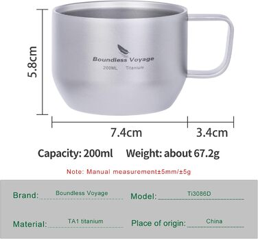 iBasingo чашка для еспресо Titan 200мл, подвійні стінки, нержавіюча сталь, для лате, капучино, какао, чай, подорожі, кемпінг, ультралегка, міцна