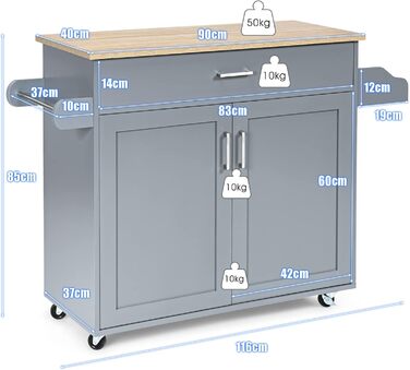 Кухонний візок на колесах зі стільницею, шухлядою, 116x40x85 см, сірий