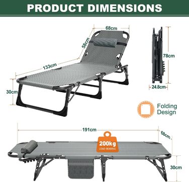 Складаний лежак для саду, 200 кг, з матрацом та підголівником, блакитний. Лежак для балкону, саду, кемпінгу.