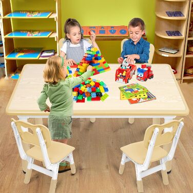 Дитячий стіл з 4 стільцями AufuN, регульована висота, набір для дитячої кімнати, садка, класів, легко миється, пластикові меблі, коричневий