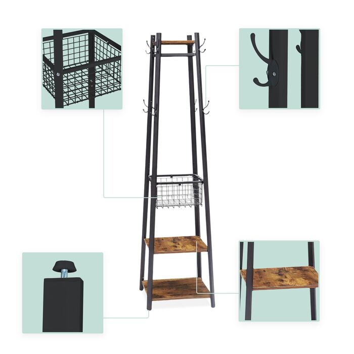 Настінна вішалка Relaxdays з гачками, полицями та кошиком