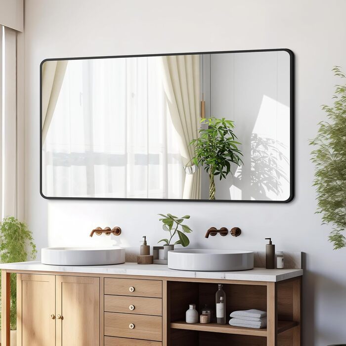 Дзеркало Boromal Spiegel Schwarz 100x60 см: прямокутне дзеркало з металевим каркасом для ванної кімнати, спальні, туалетного приміщення. Чорний колір.